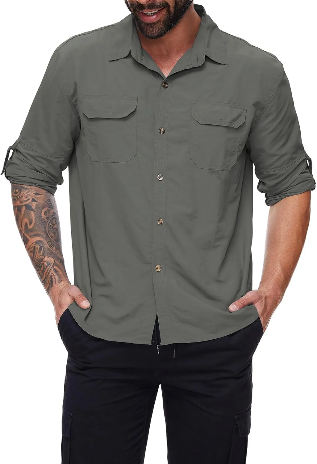 Mens Long Sleeve Fishing Shirts Sun Protection Work Safari Cooling Shirts for Men Traveling Hiking Camping Quick Dry