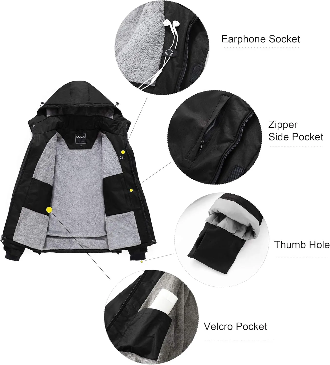 Men's Mountain Waterproof Ski Jacket Windproof Rain Jacket Fleece Snow Winter Coat