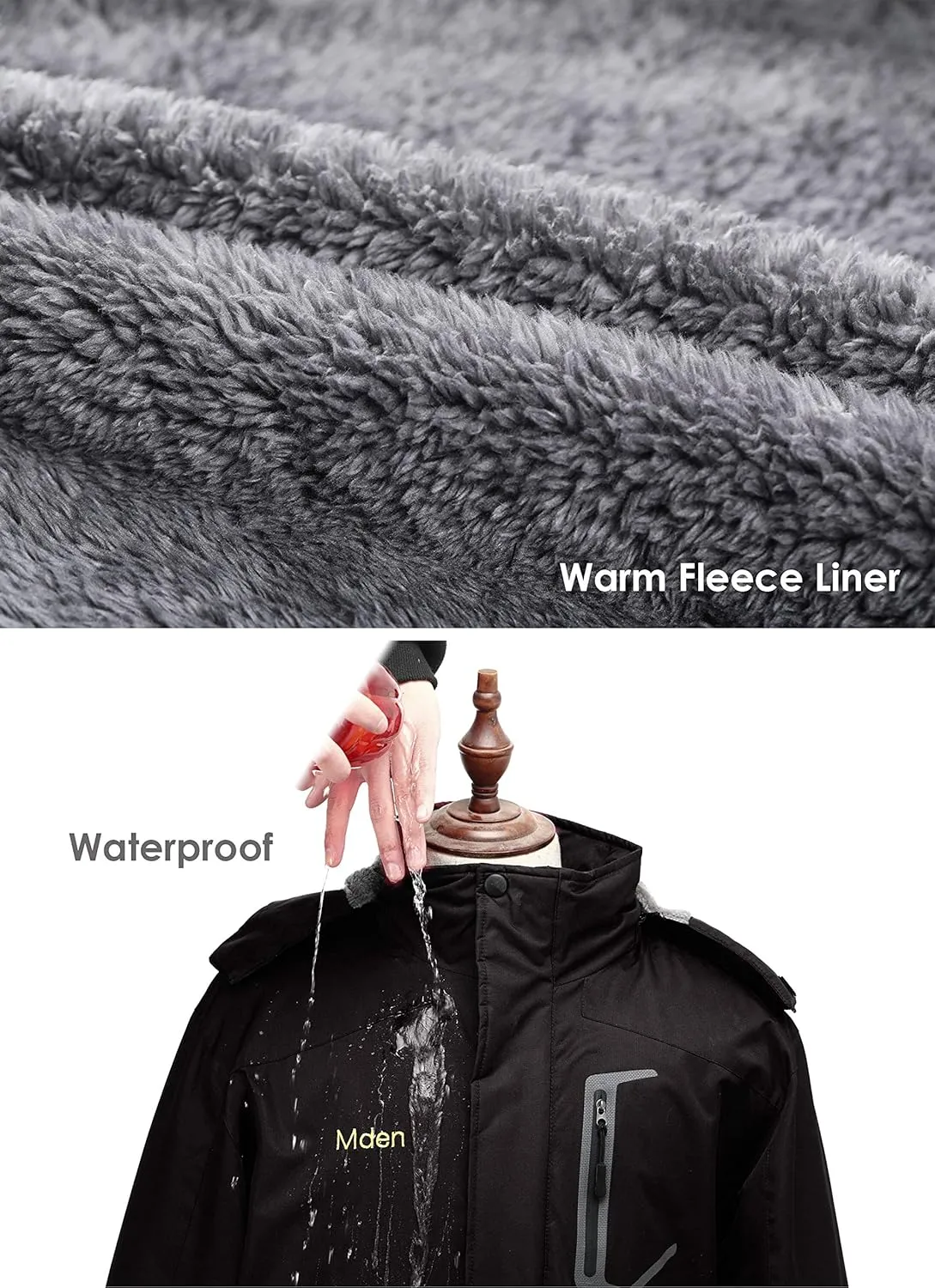 Men's Mountain Waterproof Ski Jacket Windproof Rain Jacket Fleece Snow Winter Coat