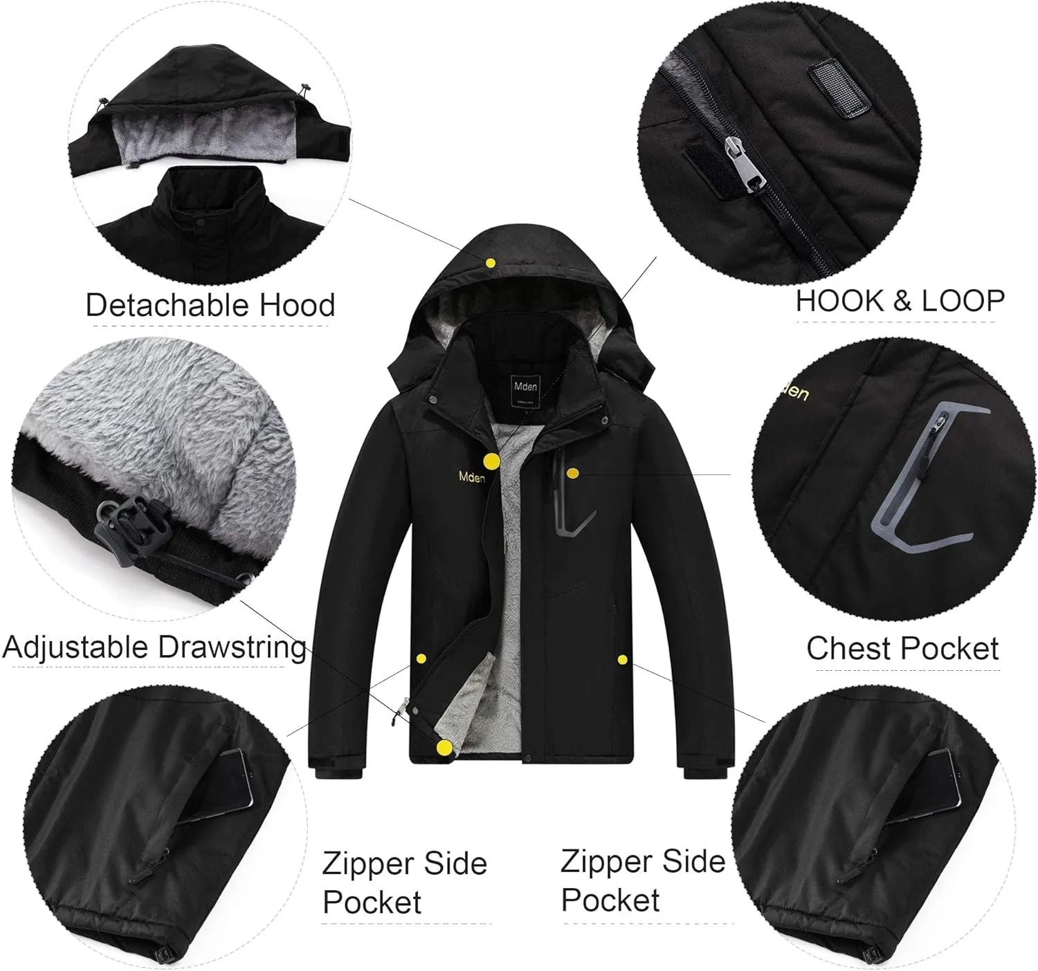 Men's Mountain Waterproof Ski Jacket Windproof Rain Jacket Fleece Snow Winter Coat