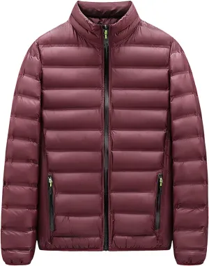 Mens Quilted Jacket Packable Stand Collar Down Jacket Casual Full Zip Warm Winter Coat Waterproof Thermal Warm