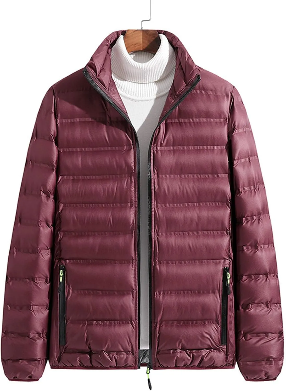 Mens Quilted Jacket Packable Stand Collar Down Jacket Casual Full Zip Warm Winter Coat Waterproof Thermal Warm