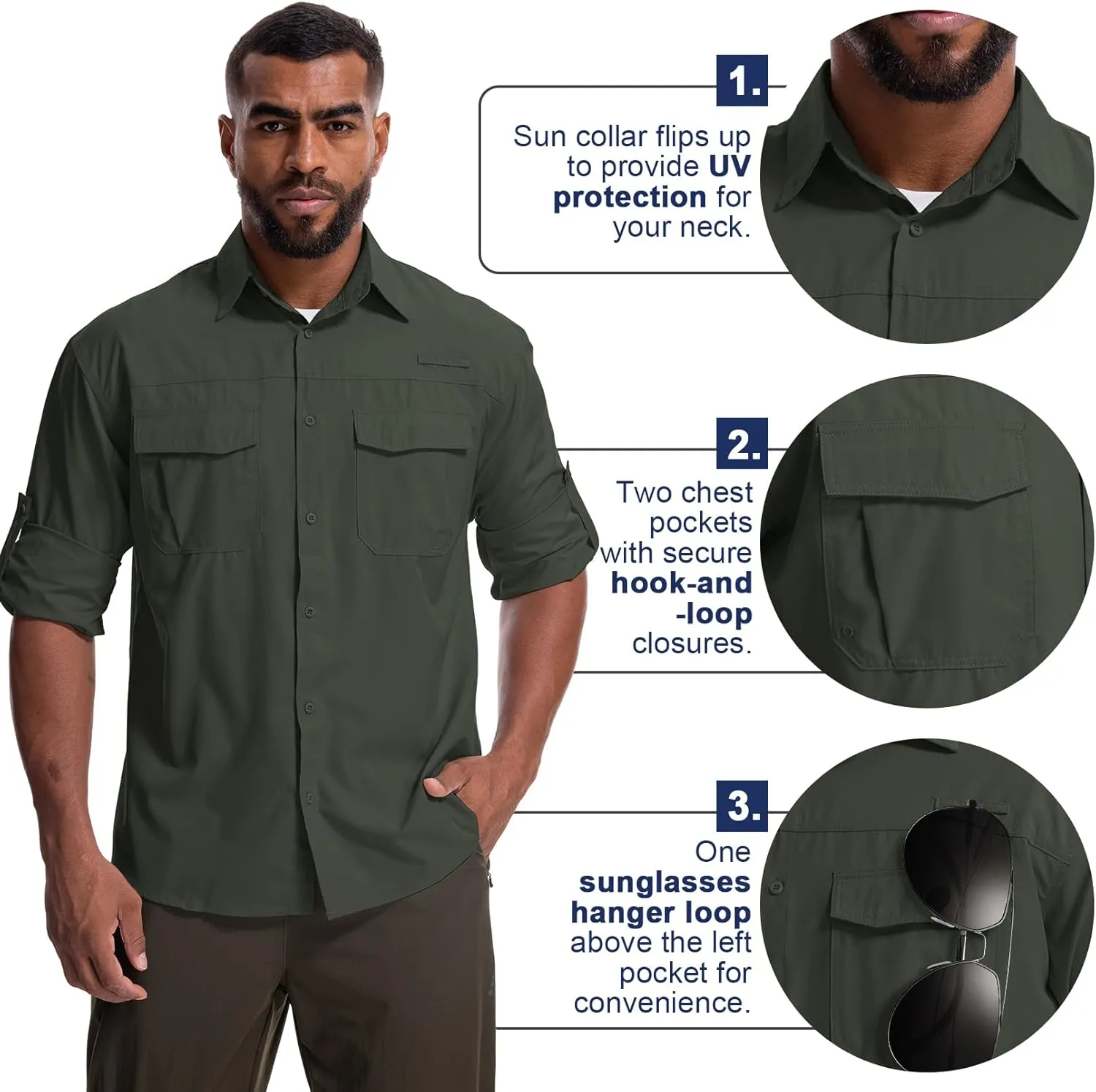 Mens Safari Sun Shirts UPF 50  UV Sun Protection Long Sleeve Outdoor Quick Dry Fishing Hiking Gardening Shirts