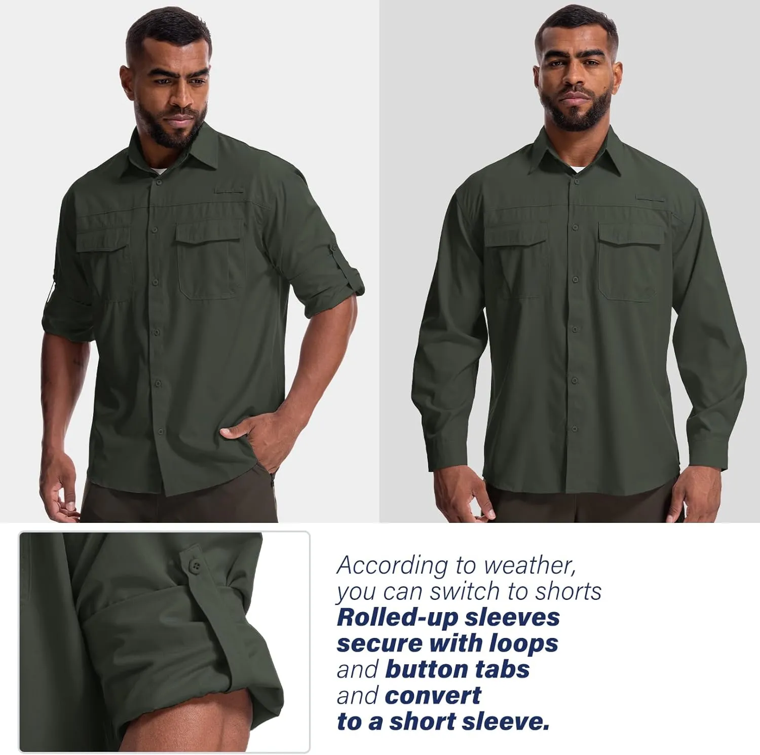 Mens Safari Sun Shirts UPF 50  UV Sun Protection Long Sleeve Outdoor Quick Dry Fishing Hiking Gardening Shirts