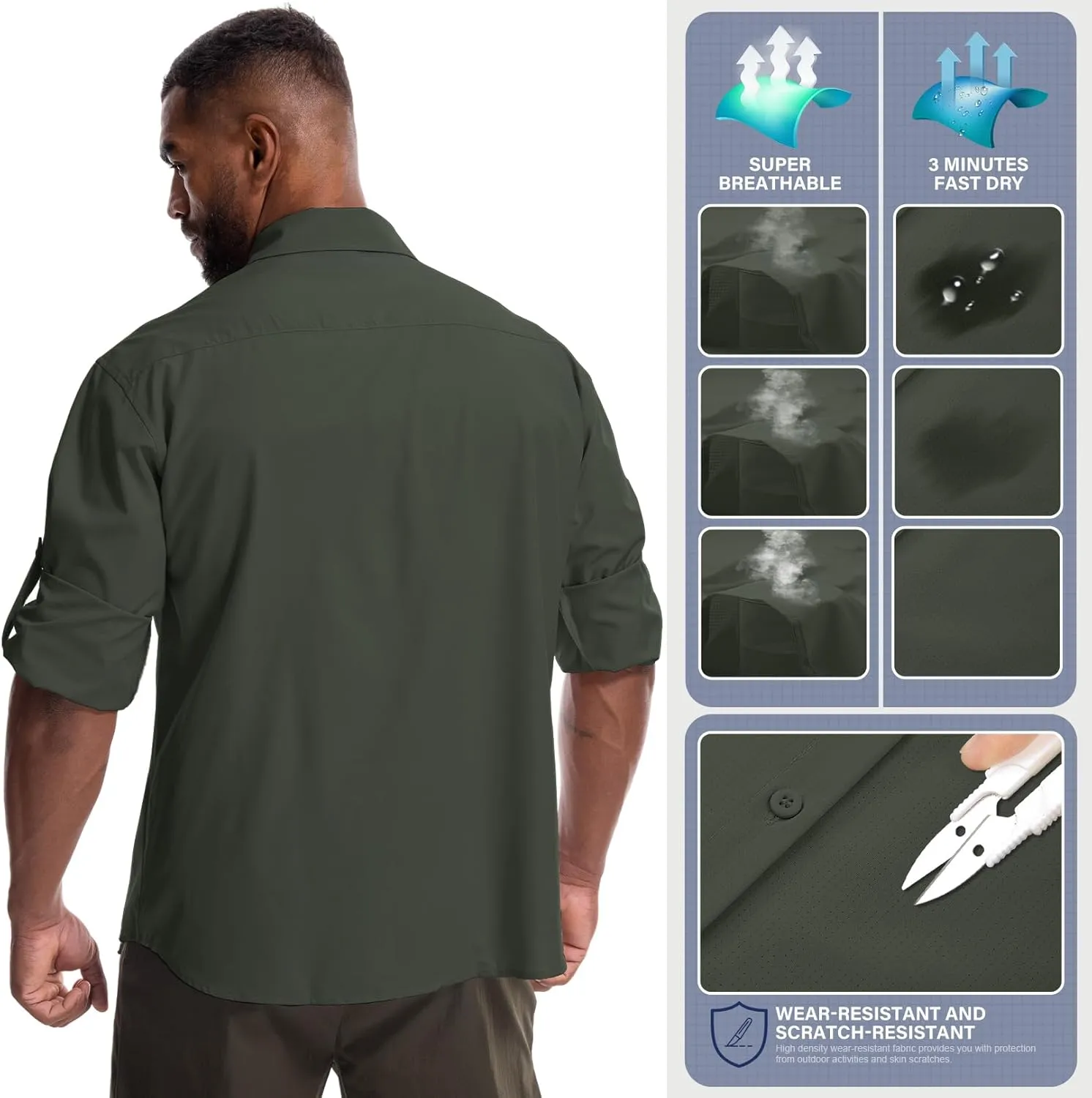 Mens Safari Sun Shirts UPF 50  UV Sun Protection Long Sleeve Outdoor Quick Dry Fishing Hiking Gardening Shirts