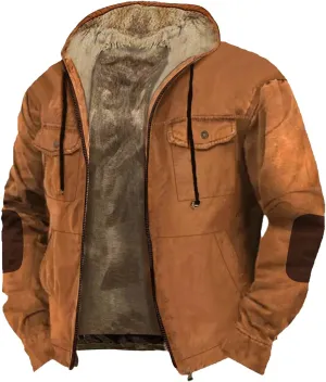 Men's Thermal Hooded Puffer Jacket Winter Coats Western Cowboy 3D Printed Hooded Brown Men's Winter Jacket with Hood