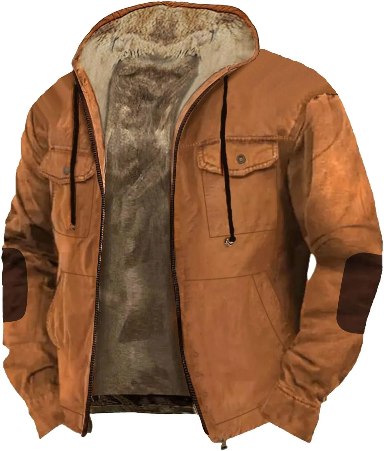 Men's Thermal Hooded Puffer Jacket Winter Coats Western Cowboy 3D Printed Hooded Brown Men's Winter Jacket with Hood
