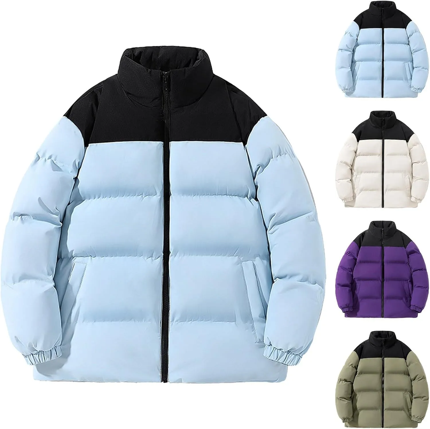 Men's Winter Bubble Puffer Coats Heavyweight Thicken Color Block Padded Jackets Stand Collar Zip Up Windproof Coats