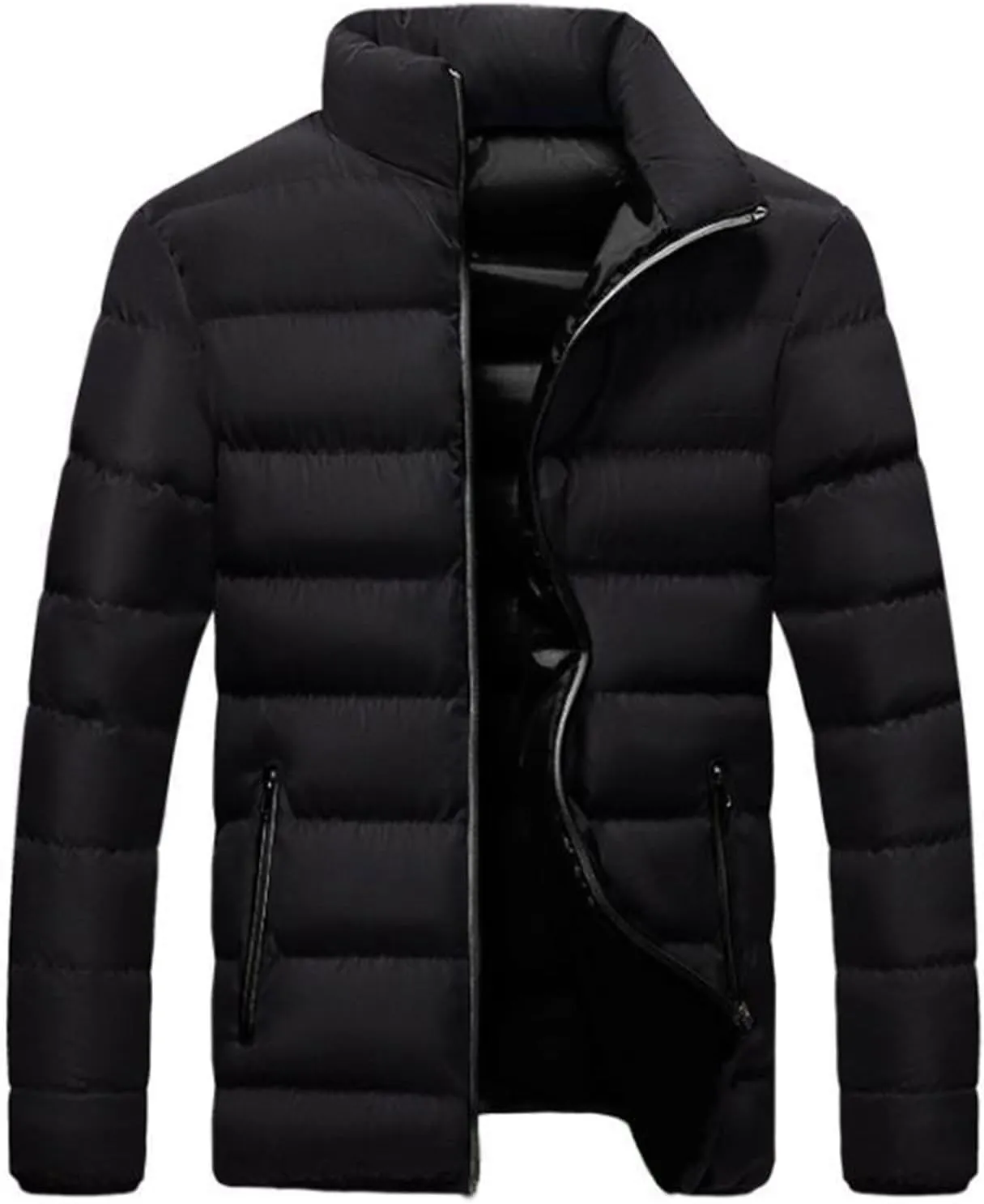 Mens Winter Puffer Jacket Full Zip Quilted Warm Packable Down Coats Lightweight Plus Size Puffy Stand Collar Jackets
