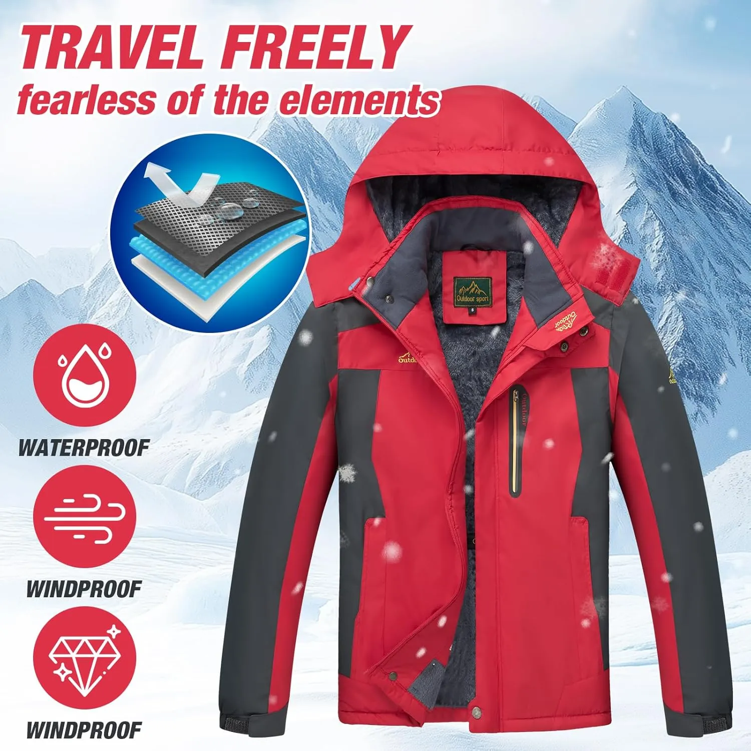 Men's Winter Ski Jacket Warm Waterproof Fleece Liner Snow Coat Hooded Windproof Mountain Raincoat