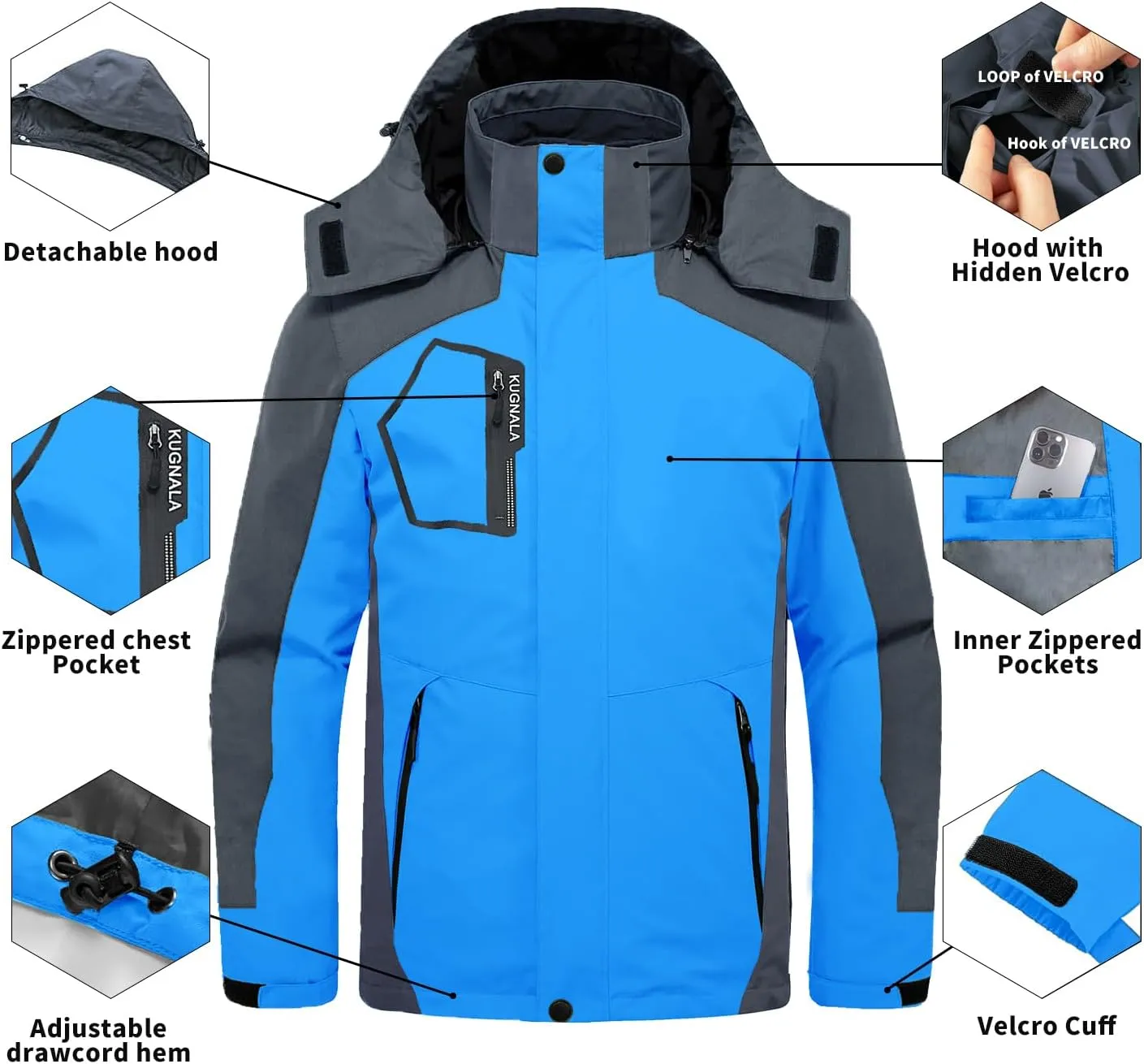 Mens Winter Skiing Jacket 3 in 1 Waterproof Warm Snow Fleece Lining Coat Hooded Windproof Jacket S-6XL