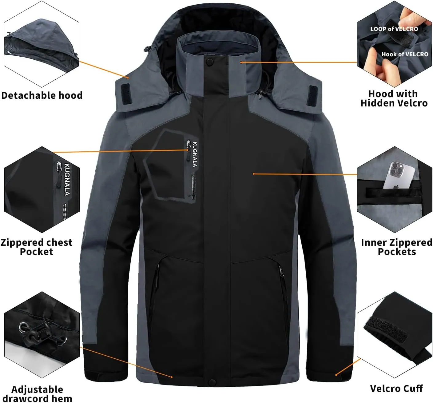 Mens Winter Skiing Jacket 3 in 1 Waterproof Warm Snow Fleece Lining Coat Hooded Windproof Jacket S-6XL