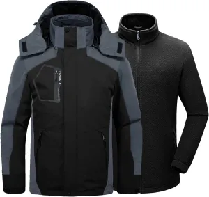 Mens Winter Skiing Jacket 3 in 1 Waterproof Warm Snow Fleece Lining Coat Hooded Windproof Jacket S-6XL
