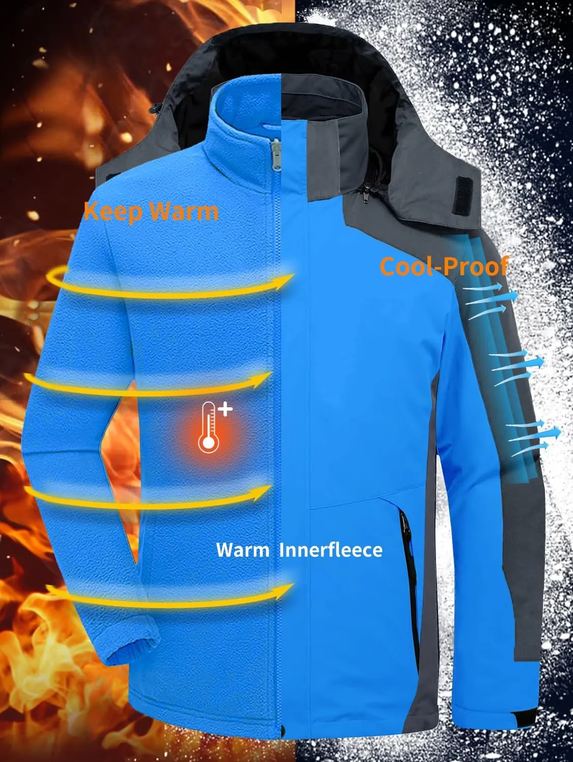 Mens Winter Skiing Jacket 3 in 1 Waterproof Warm Snow Fleece Lining Coat Hooded Windproof Jacket S-6XL
