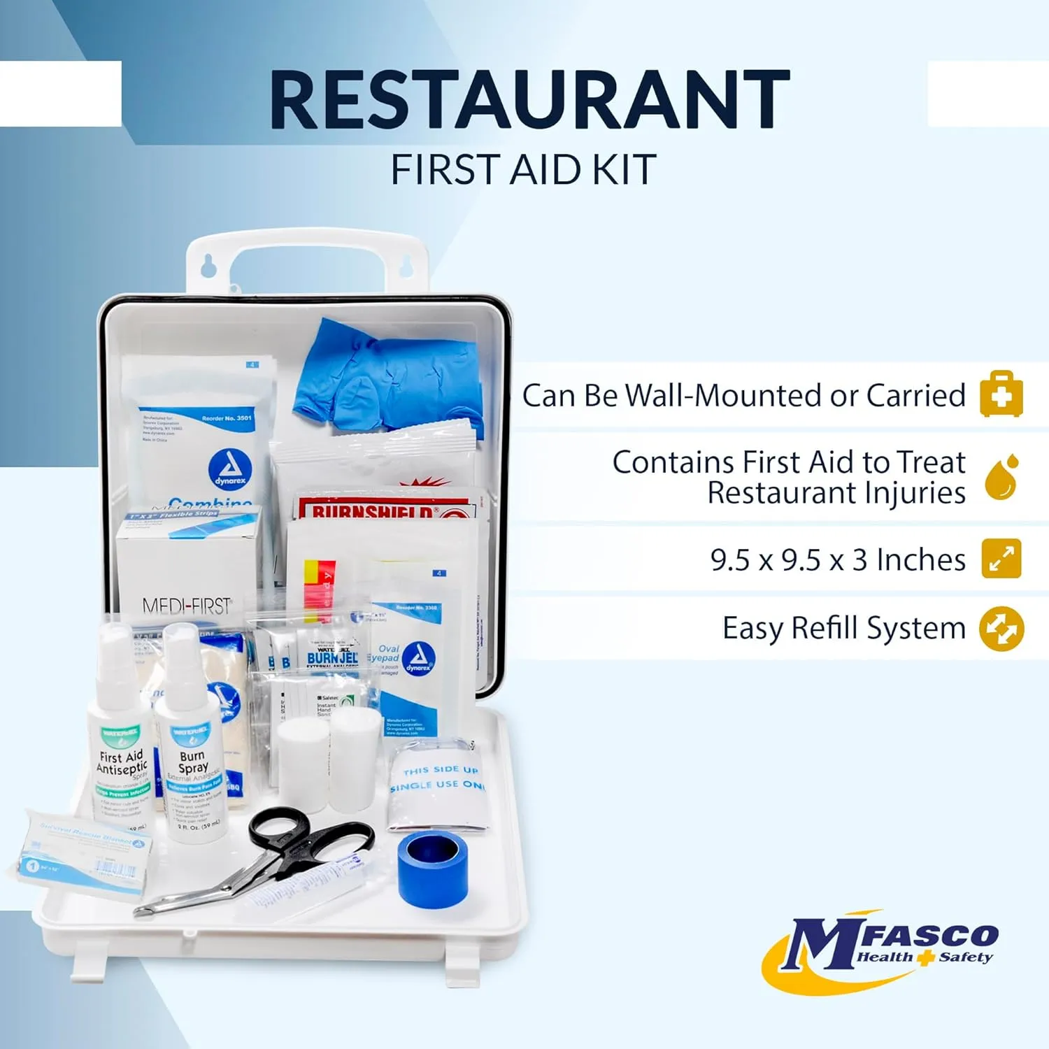 MFASCO 2021 OSHA Class A Restaurant First Aid Kit - Plastic Box with Rubber Sealed - Includes Blue Bandages and Burn Care Supplies - Essentials for Work or Restaurant - 139 Pieces