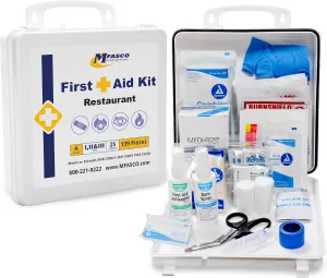 MFASCO 2021 OSHA Class A Restaurant First Aid Kit - Plastic Box with Rubber Sealed - Includes Blue Bandages and Burn Care Supplies - Essentials for Work or Restaurant - 139 Pieces