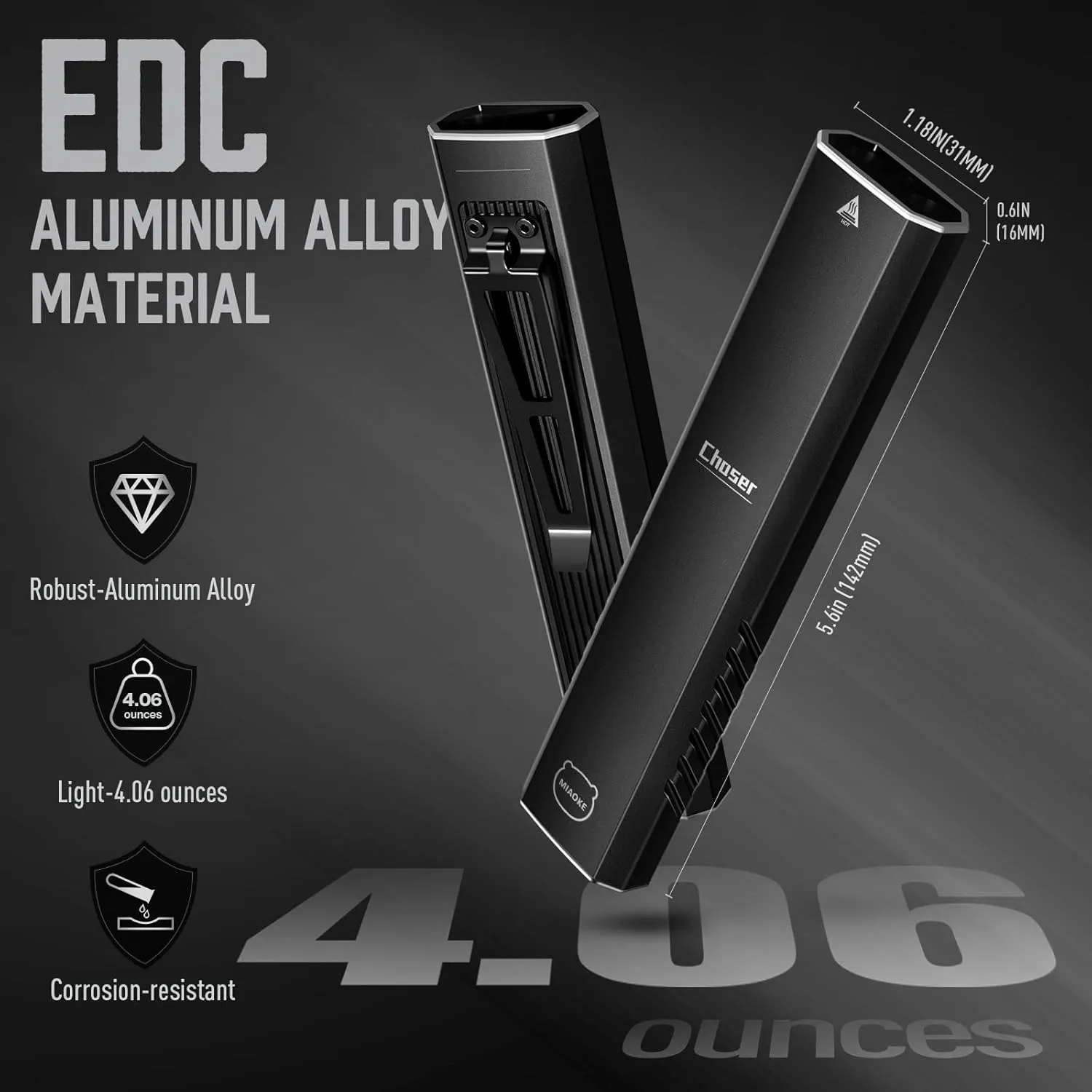 MIAOKE Rechargeable Ultra Thin EDC Flashlight 3000 Lumens UV and White LED Combo Dual Light Sources Compact Pocket Clip Light for Home, Outdoor, Emergency, Night Working, Cycling-Chaser/Black