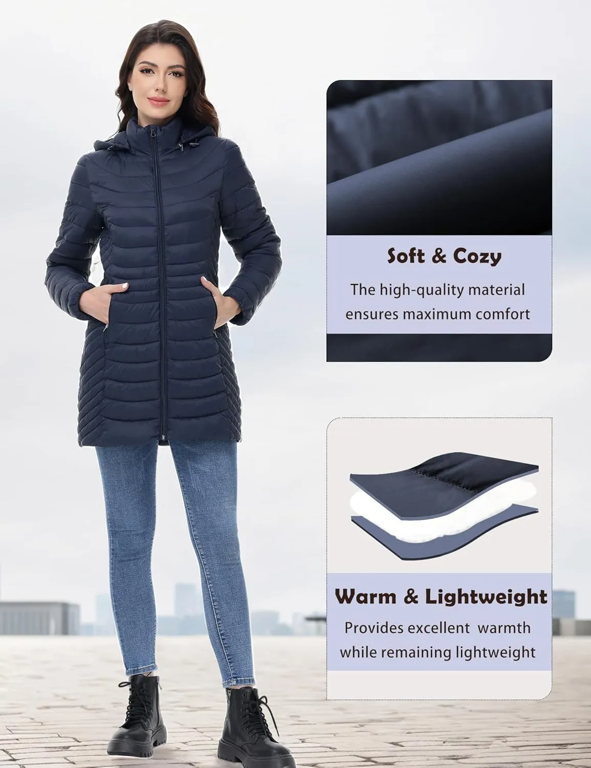 MIDNIGHTSUN Women’s Packable Puffer Jacket Lightweight Puffer Coat Mid-length Hooded Warm Winter Puffy Jacket