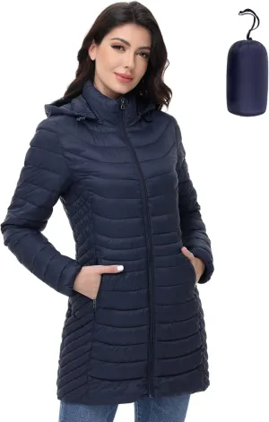 MIDNIGHTSUN Women’s Packable Puffer Jacket Lightweight Puffer Coat Mid-length Hooded Warm Winter Puffy Jacket