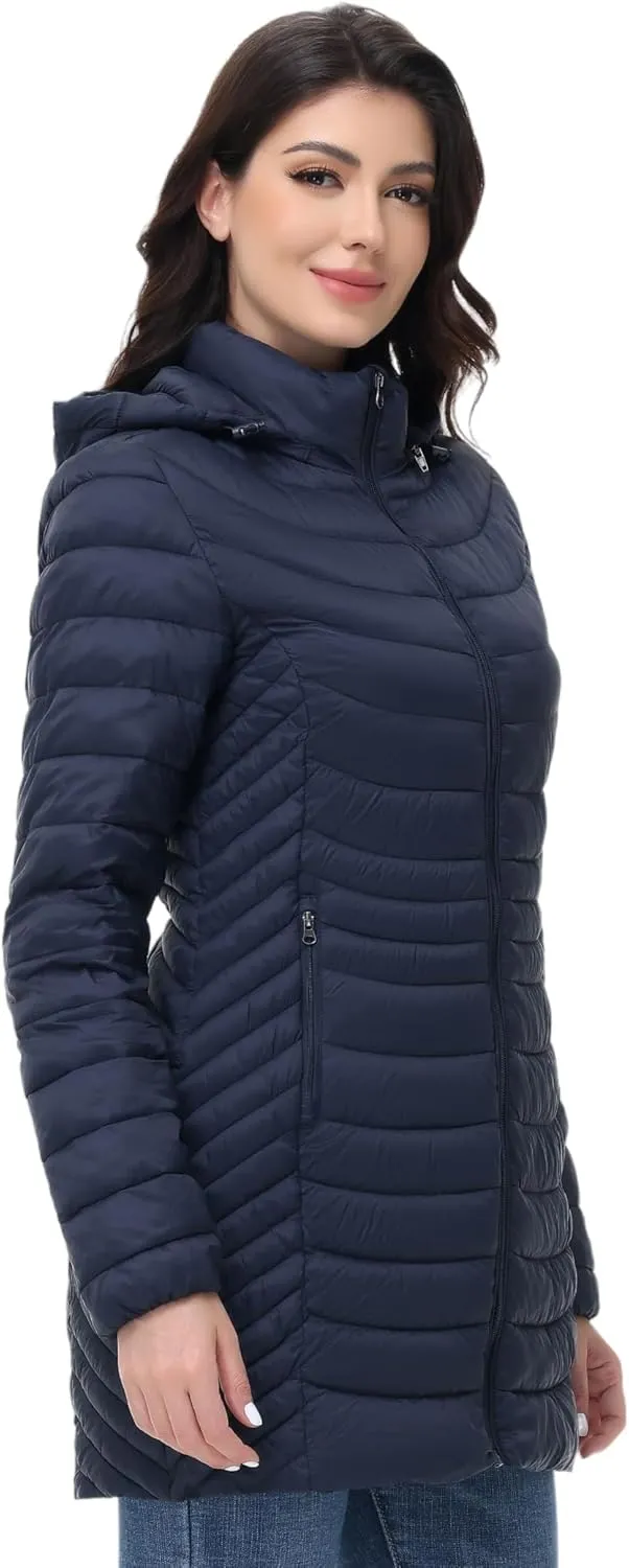 MIDNIGHTSUN Women’s Packable Puffer Jacket Lightweight Puffer Coat Mid-length Hooded Warm Winter Puffy Jacket