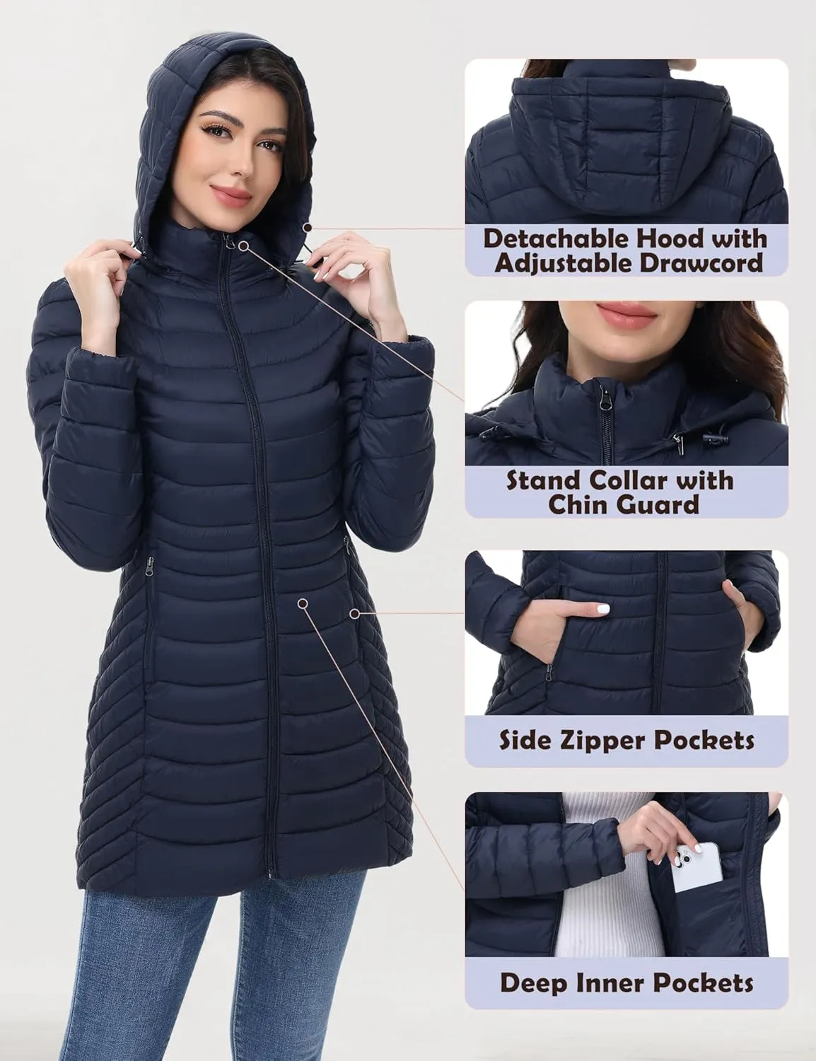 MIDNIGHTSUN Women’s Packable Puffer Jacket Lightweight Puffer Coat Mid-length Hooded Warm Winter Puffy Jacket