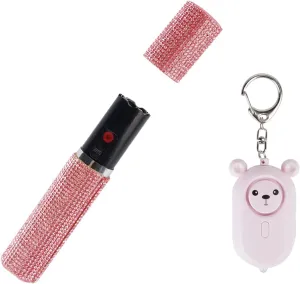 Mini Lipstick Stun Gun for Women Self Defense Surface Bling Jewelry Design, LED Flashlight Rechargeable Battery and Personal Safety Alarm with Keychain (Pack of 2)