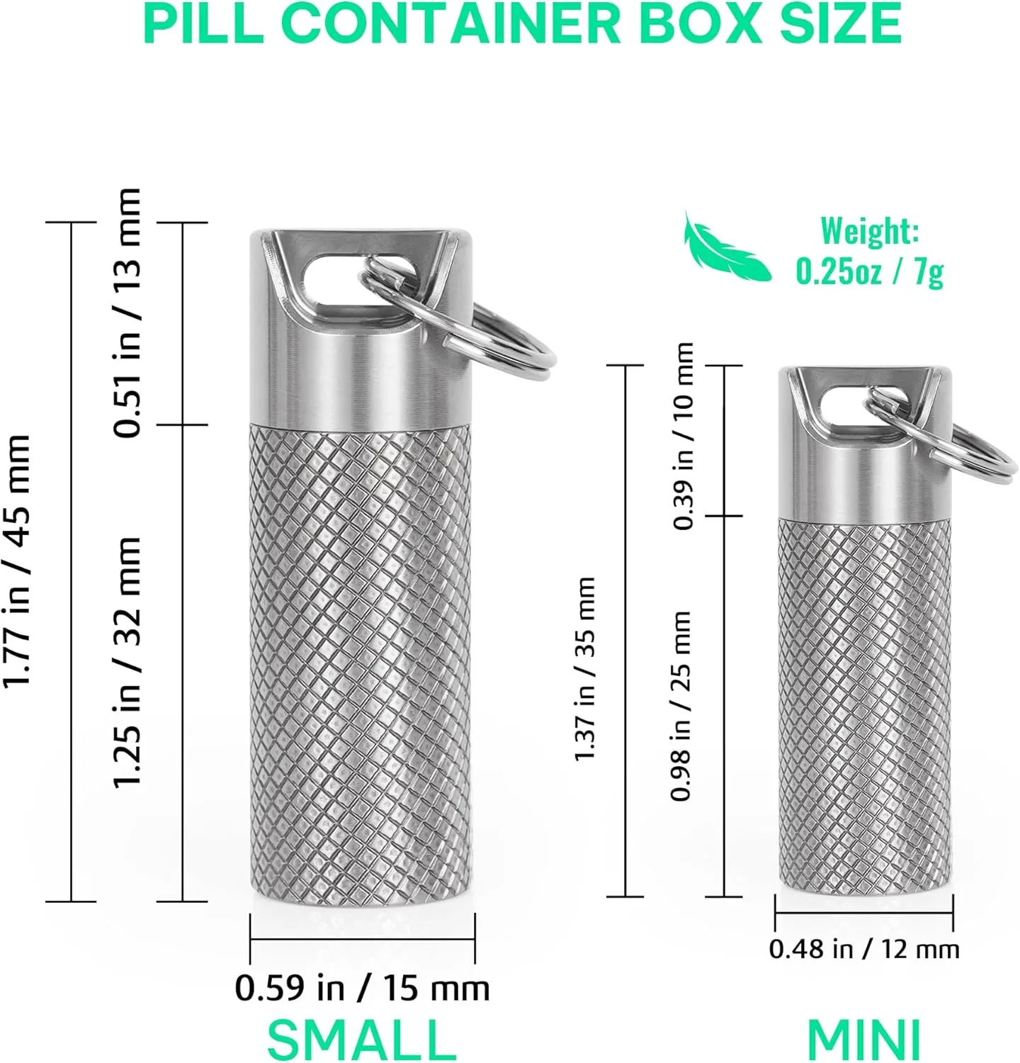 Mini Pill Box Container (2Pack), Portable Titanium Waterproof Keychain Pill Holder with Extra Necklace, Pocket Small Pill Case Pill Fob for Outdoor Travel Purse (Minisize)