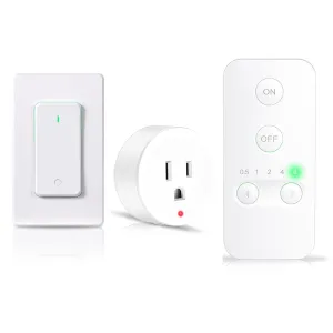 Mini Remote Control Outlet Plug Adapter, ON/Off Wireless Remote Control Switch with 5-Step Timer Options and Wireless Wall Mounted Light Switch, 300 FT RF Range, No Hub Required, 15A/1500W, White