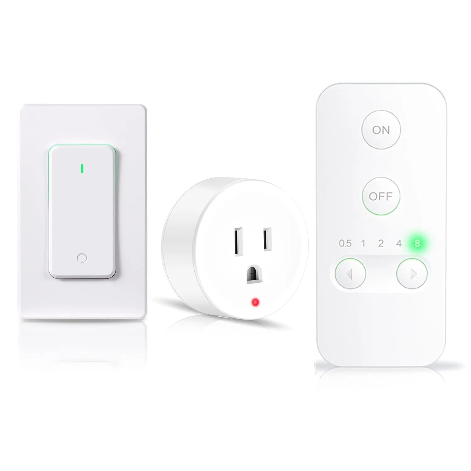 Mini Remote Control Outlet Plug Adapter, ON/Off Wireless Remote Control Switch with 5-Step Timer Options and Wireless Wall Mounted Light Switch, 300 FT RF Range, No Hub Required, 15A/1500W, White