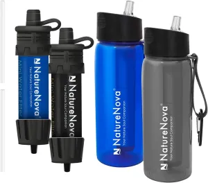 Mini Water Filter NatureNova Portable Emergency Water Filtration(2 Pack,Blue/Black) with Naturenova Water Filter Bottle(2 Pack Blue/Black)