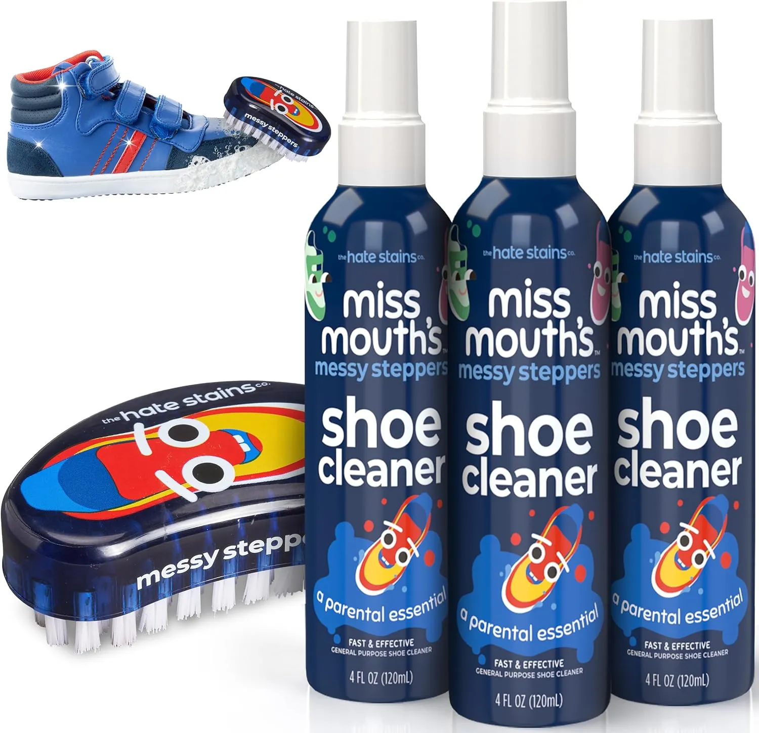 Miss Mouth's Messy Steppers Shoe Cleaner - 3 Pack 4oz Spray and Shoe Cleaning Kit Brush