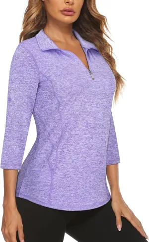 Misyula Style Womens Golf Shirt 3/4 Roll Sleeve Quarter Zip Dry Fit Tennis Shirts Athletic Tops S-2XL