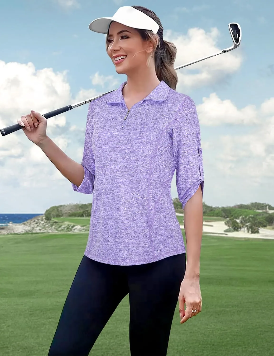 Misyula Style Womens Golf Shirt 3/4 Roll Sleeve Quarter Zip Dry Fit Tennis Shirts Athletic Tops S-2XL