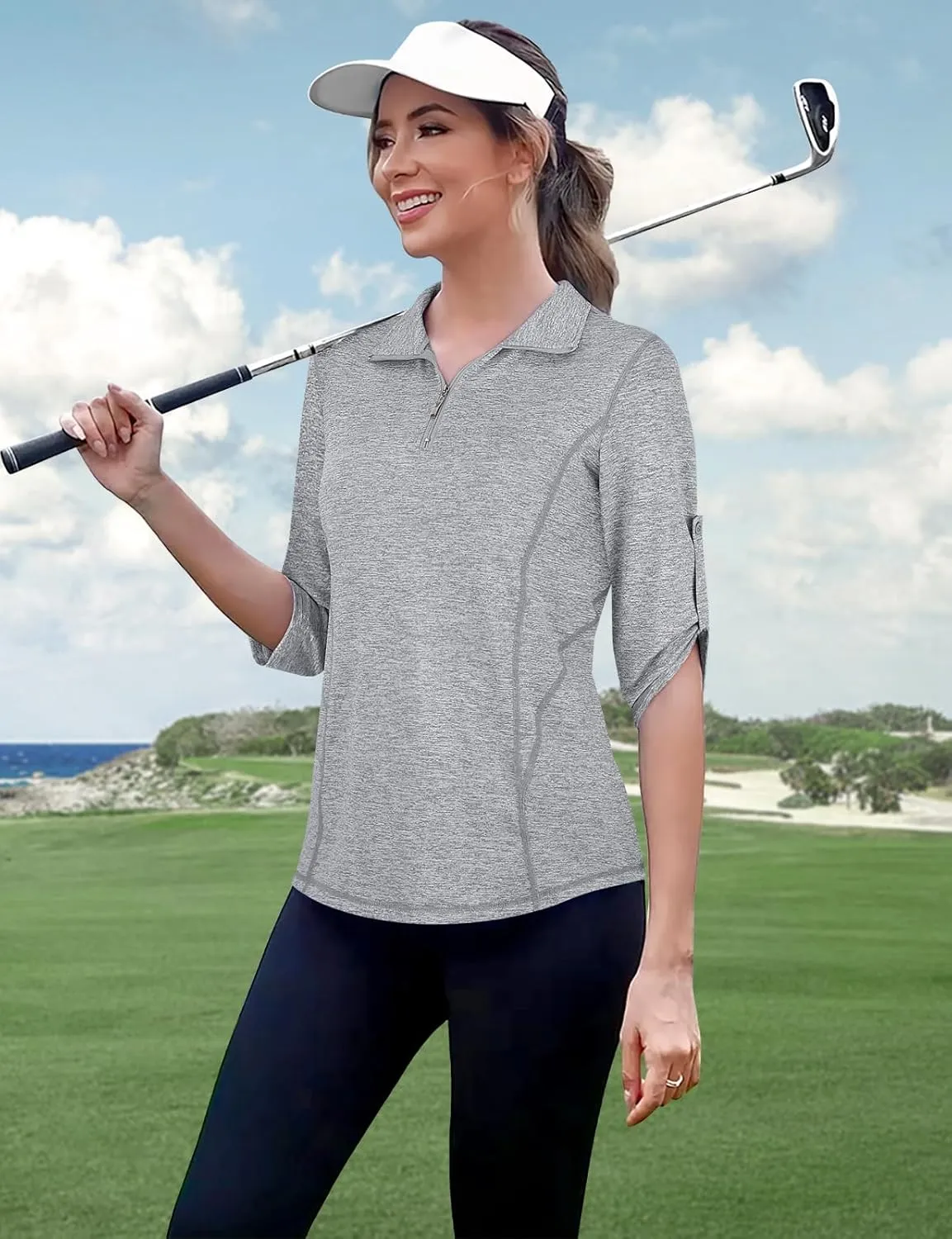 Misyula Style Womens Golf Shirt 3/4 Roll Sleeve Quarter Zip Dry Fit Tennis Shirts Athletic Tops S-2XL