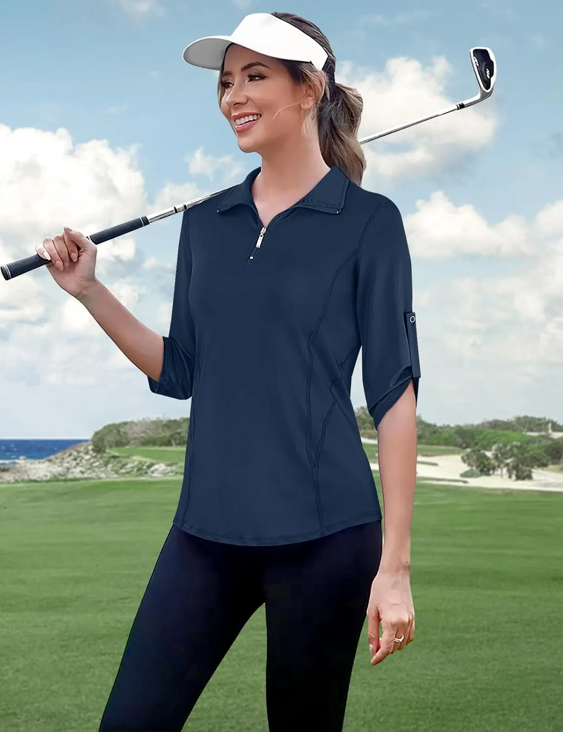 Misyula Style Womens Golf Shirt 3/4 Roll Sleeve Quarter Zip Dry Fit Tennis Shirts Athletic Tops S-2XL