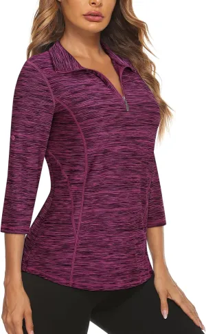 Misyula Style Womens Golf Shirt 3/4 Roll Sleeve Quarter Zip Dry Fit Tennis Shirts Athletic Tops S-2XL
