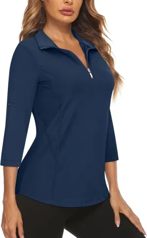 Misyula Style Womens Golf Shirt 3/4 Roll Sleeve Quarter Zip Dry Fit Tennis Shirts Athletic Tops S-2XL