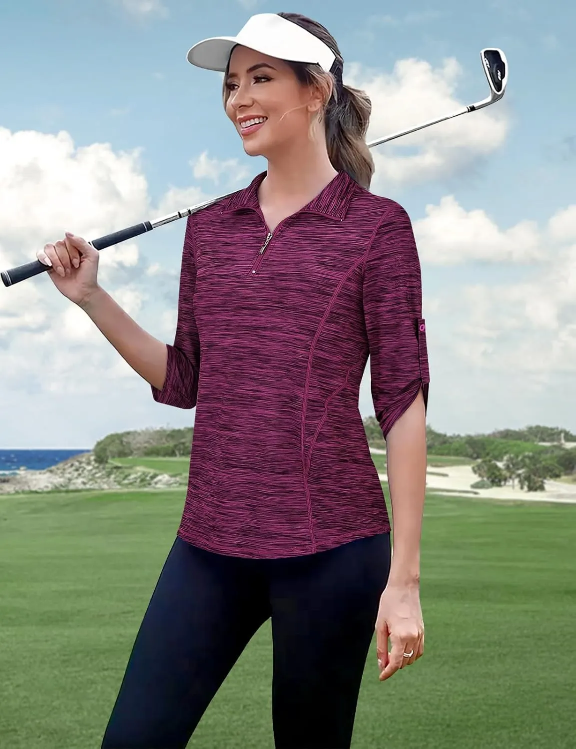 Misyula Style Womens Golf Shirt 3/4 Roll Sleeve Quarter Zip Dry Fit Tennis Shirts Athletic Tops S-2XL