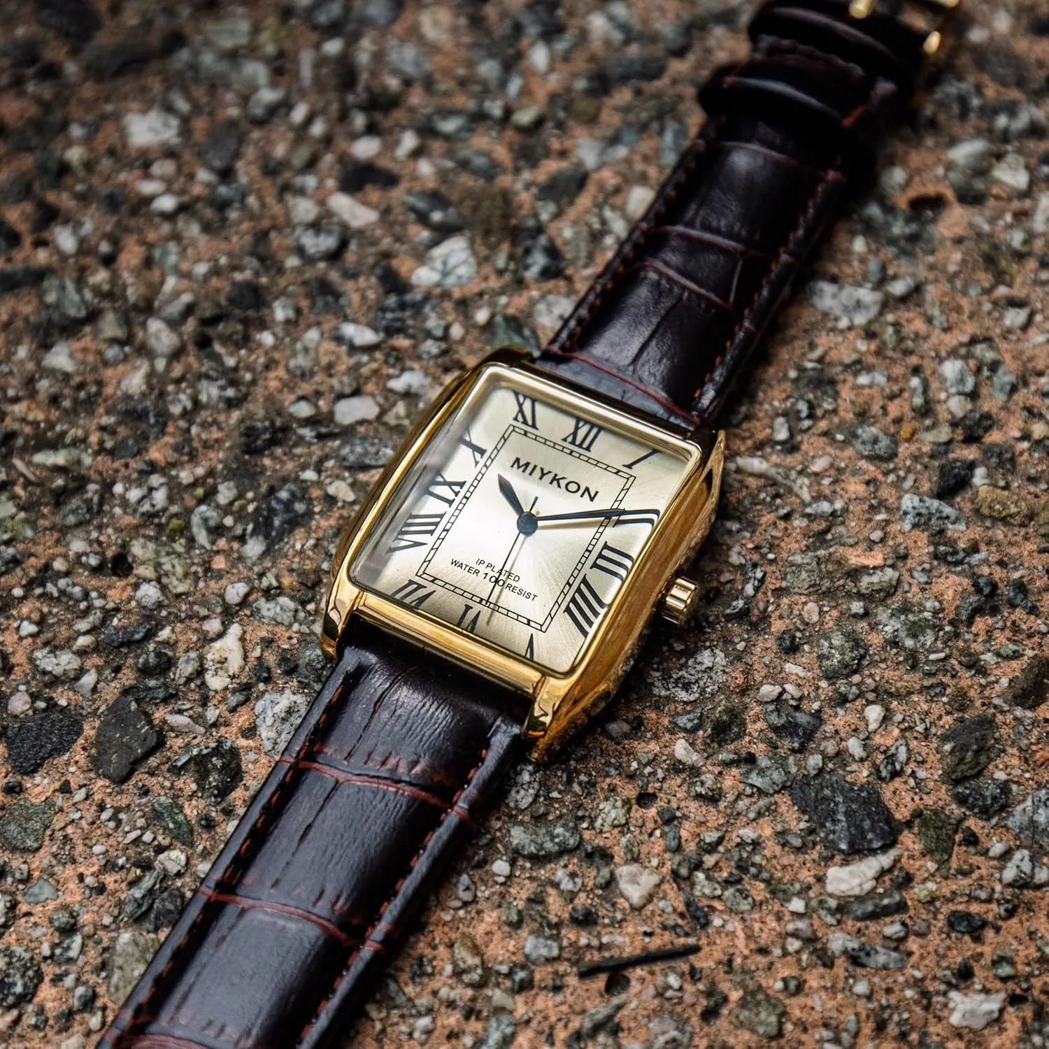 Miykon Vintage Watches for Men - Tank Square Analog Watch with Genuine Leather Wrist Strap for Classic Dress - Ion Polished, Scratch Resistant Glass, Japanese Quartz, Waterproof to 100ft
