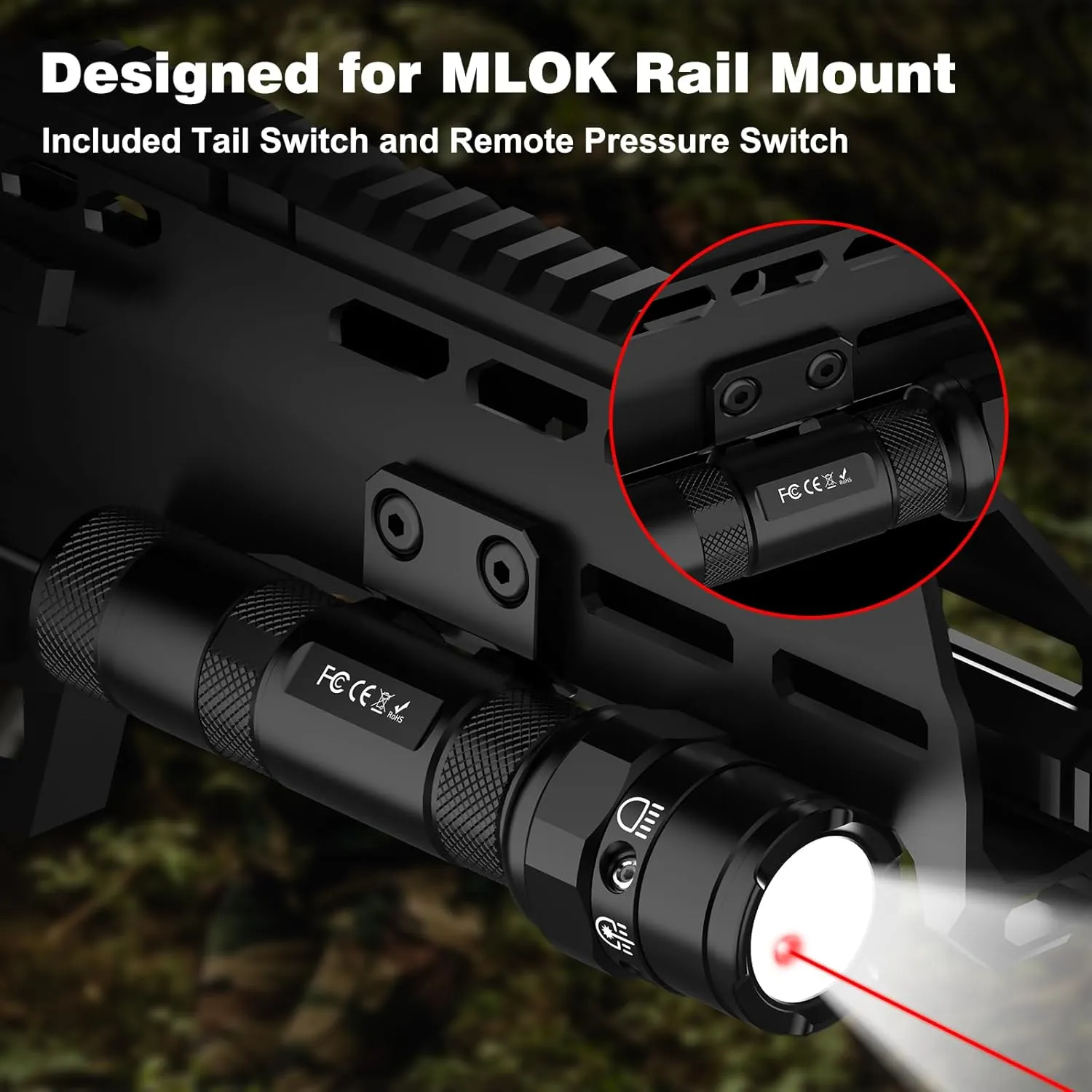 Mlok Rifle Laser Flashlight Combo - 1250 Lumens Red Laser Sight and Light for AR, Tactical Rail Gun Beam Weapon flahlight, Pressure Switch, USB C Rechargeable