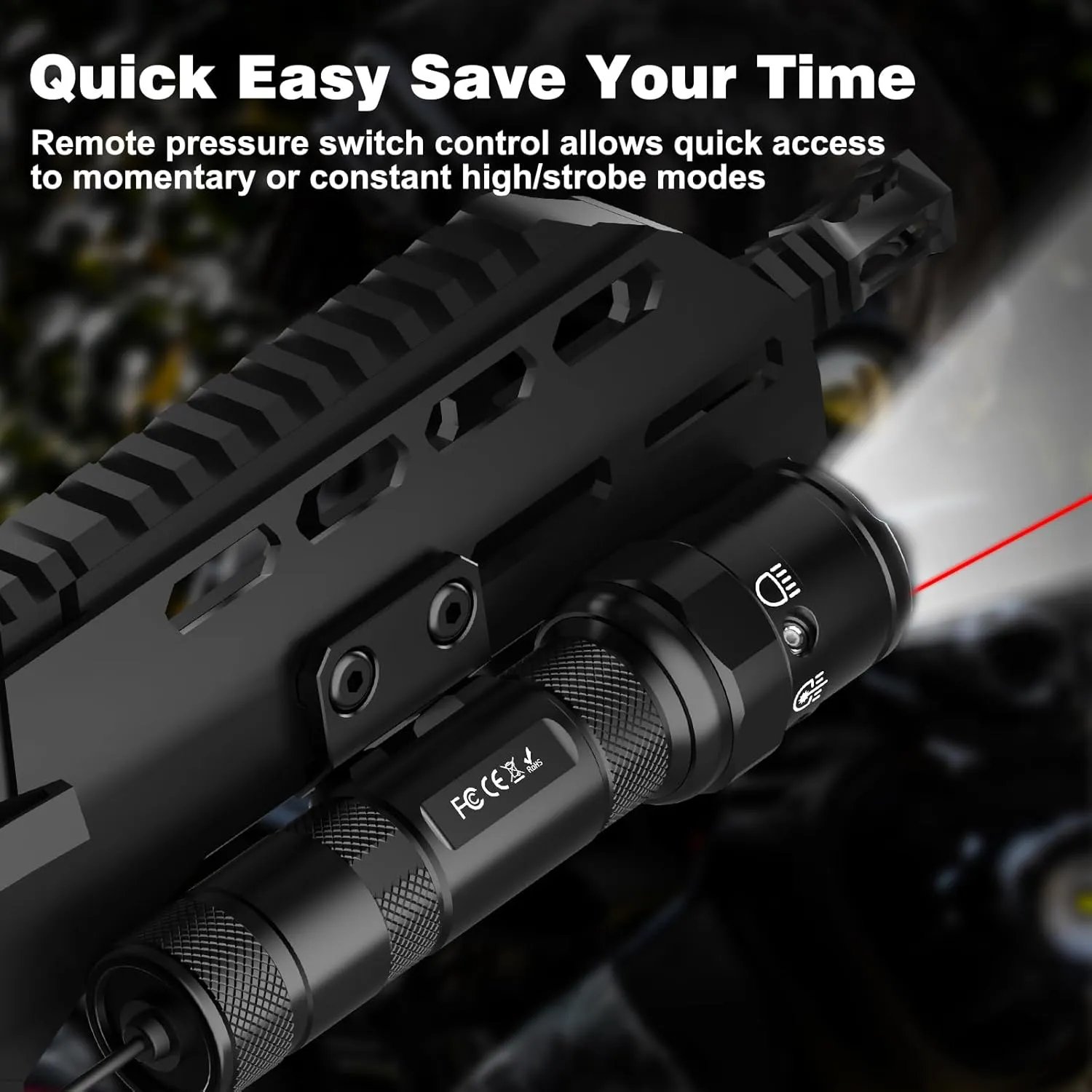 Mlok Rifle Laser Flashlight Combo - 1250 Lumens Red Laser Sight and Light for AR, Tactical Rail Gun Beam Weapon flahlight, Pressure Switch, USB C Rechargeable