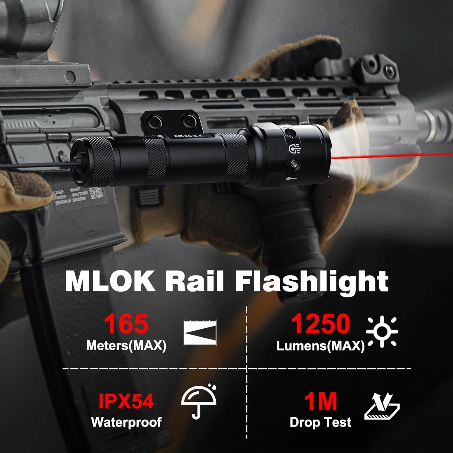 Mlok Rifle Laser Flashlight Combo - 1250 Lumens Red Laser Sight and Light for AR, Tactical Rail Gun Beam Weapon flahlight, Pressure Switch, USB C Rechargeable