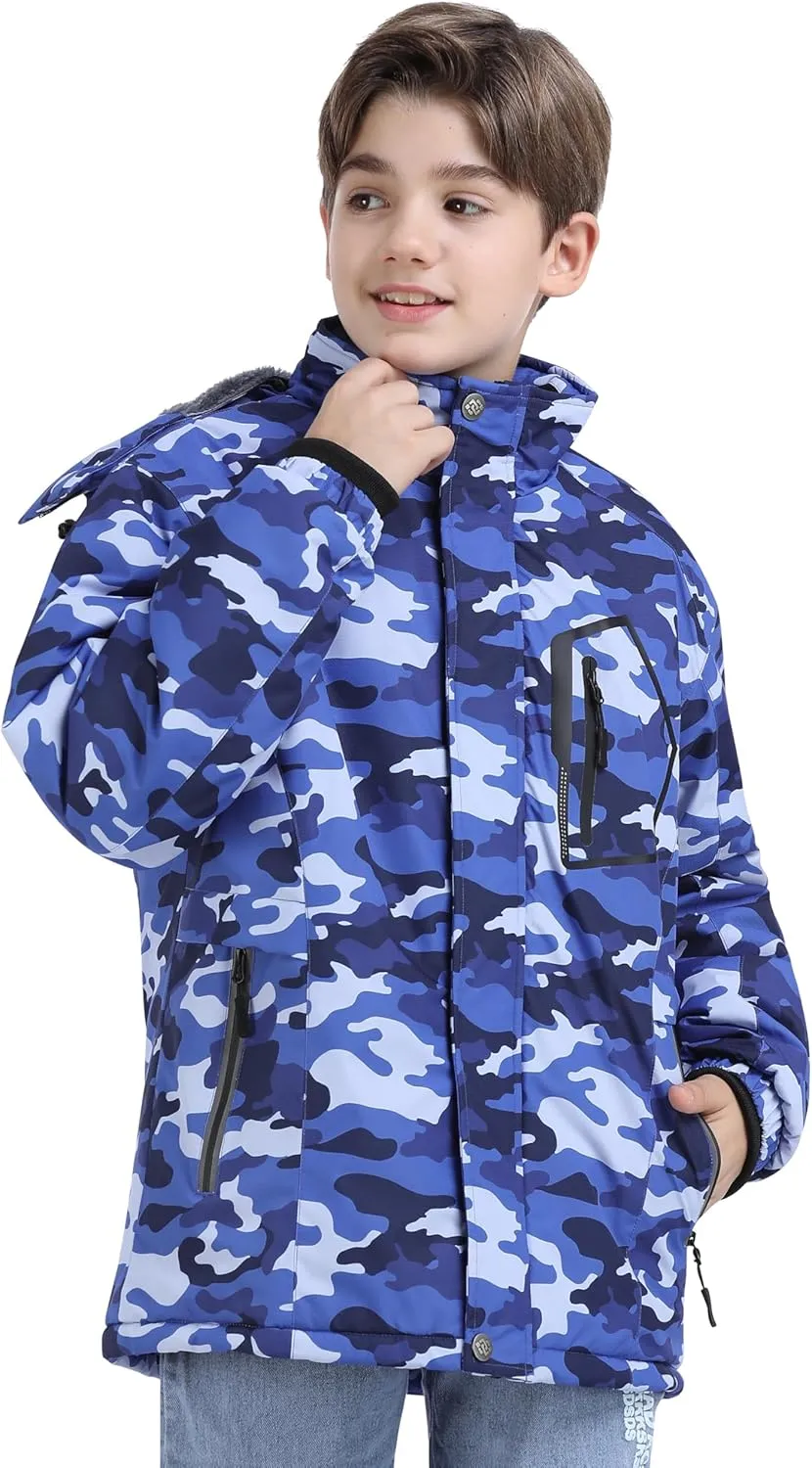 MoFiz Boys Waterproof Skiing Jacket Kids Hooded Fleece Winter Snowboard Jackets Windproof Warm Outerwear with Zip Pockets