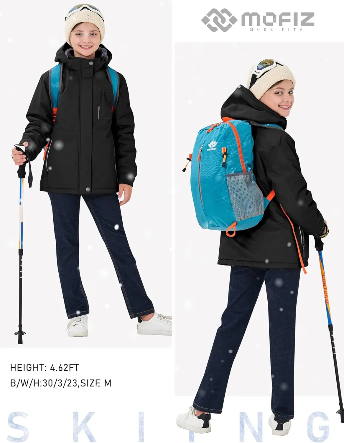 MoFiz Girls Ski Jacket Waterproof Fleece Lined Snowboard Jacket Warm Winter Snow Coats with Removable Hood