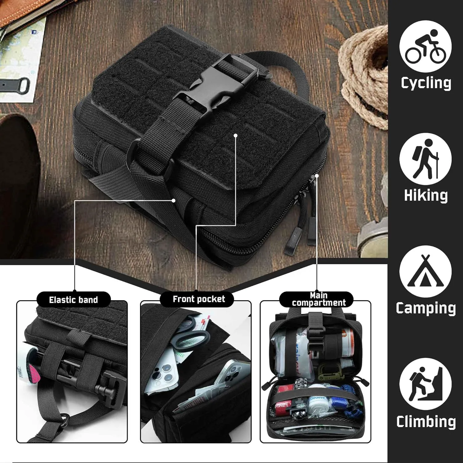 Molle Admin Pouch，1000D Laser Cut Multi Layer Tactical Tool Belt Pouch, Molle Utility Medical EMT Organizer with TQ Tourniquet Holder for Backpack Vest