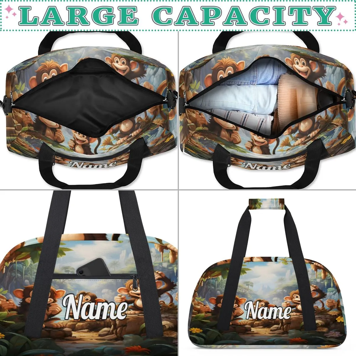 Monkey Print Personalized Kids Gym Bag Custom Name Sport Duffel Bag Dance Ballet Bag for Girls Practice Workout Bag