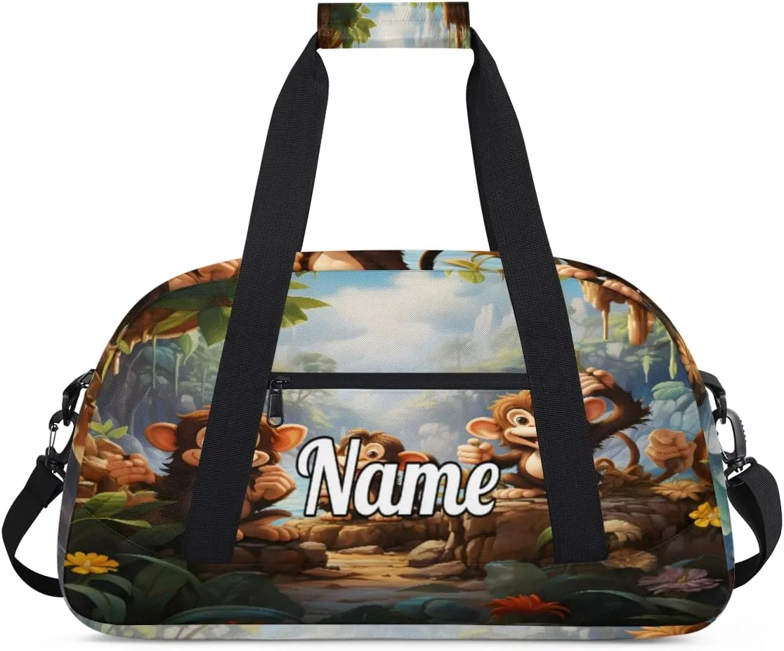 Monkey Print Personalized Kids Gym Bag Custom Name Sport Duffel Bag Dance Ballet Bag for Girls Practice Workout Bag