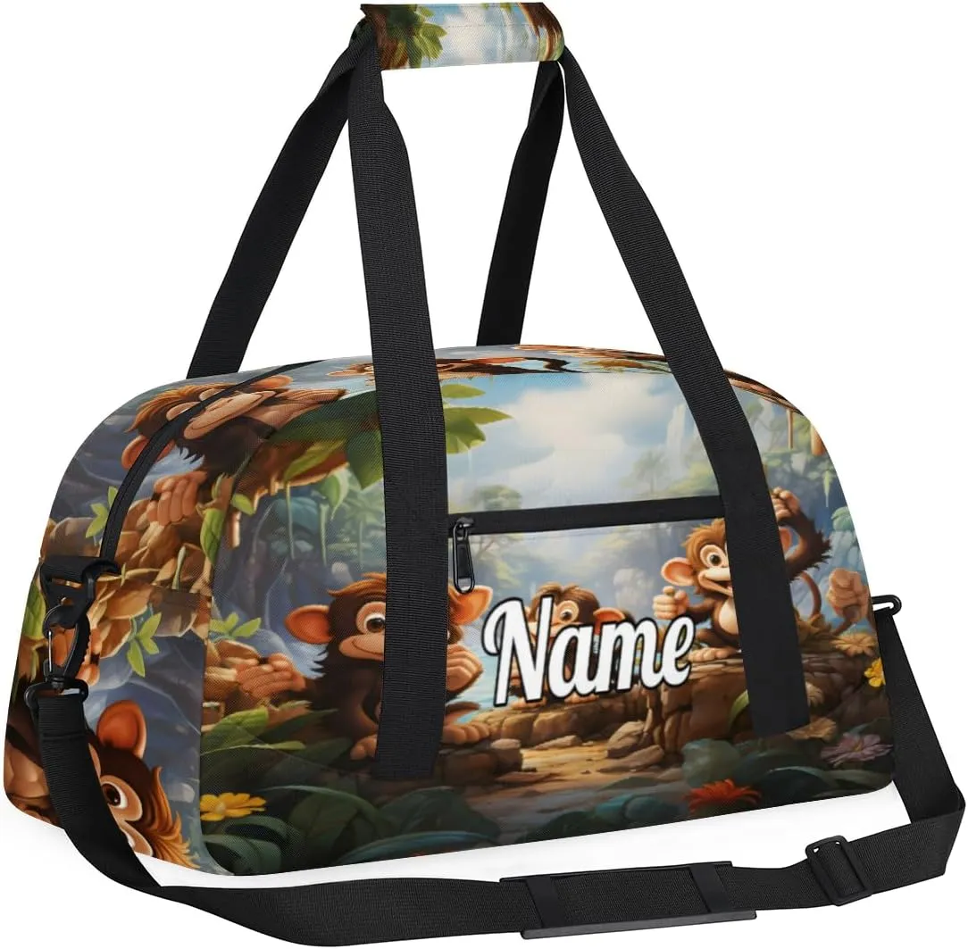 Monkey Print Personalized Kids Gym Bag Custom Name Sport Duffel Bag Dance Ballet Bag for Girls Practice Workout Bag