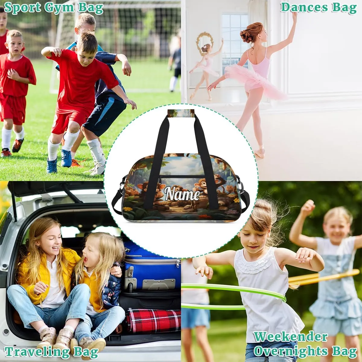 Monkey Print Personalized Kids Gym Bag Custom Name Sport Duffel Bag Dance Ballet Bag for Girls Practice Workout Bag
