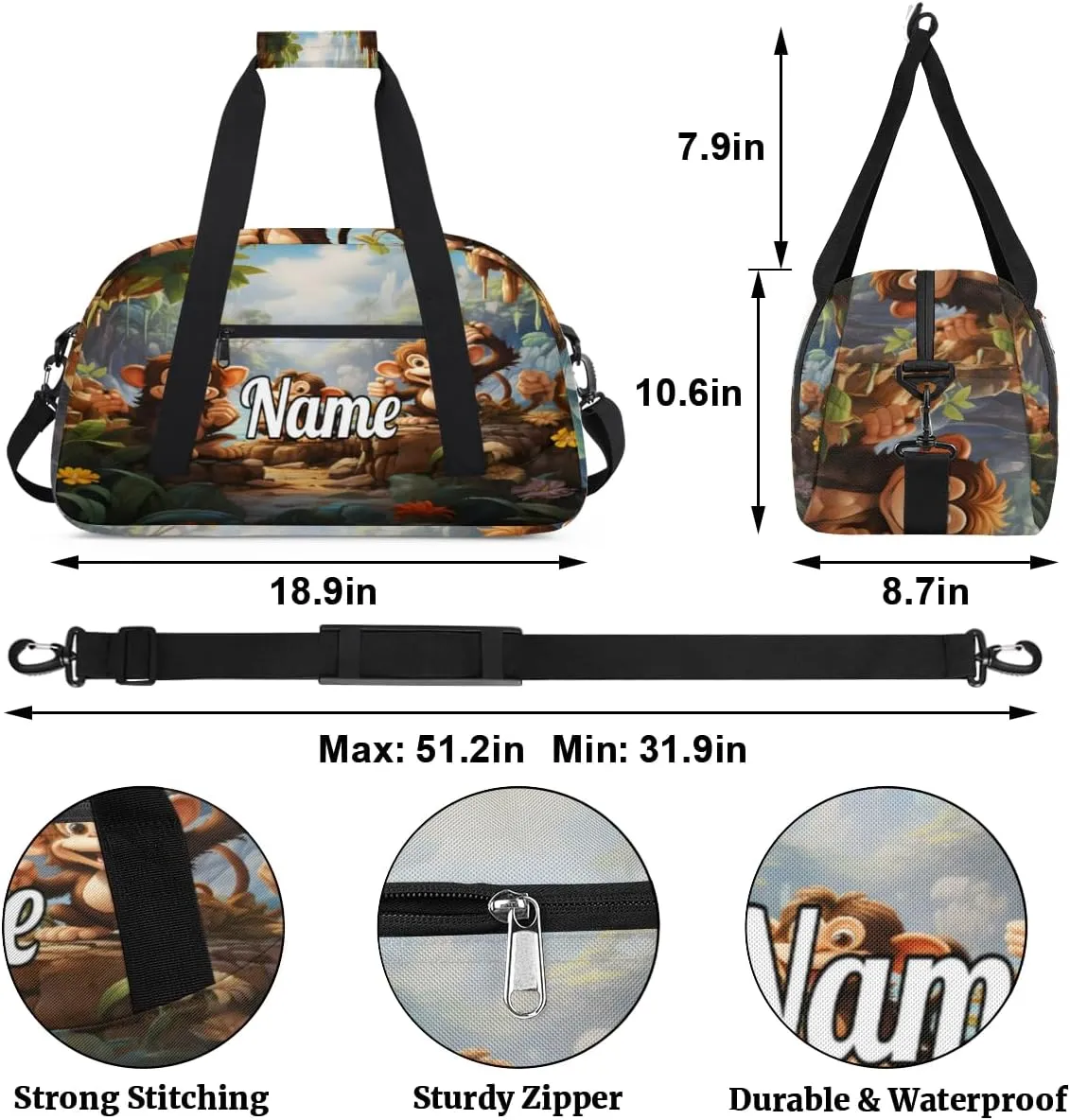 Monkey Print Personalized Kids Gym Bag Custom Name Sport Duffel Bag Dance Ballet Bag for Girls Practice Workout Bag
